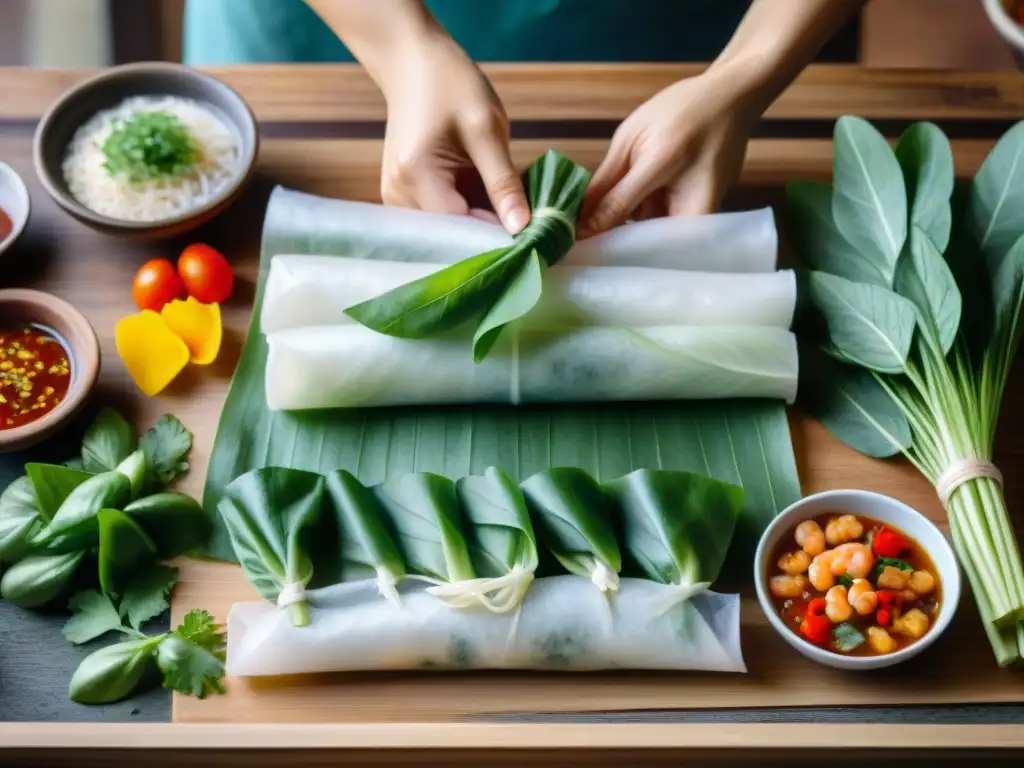 Elaboración de rollos primavera sin gluten con ingredientes frescos y coloridos, mostrando destreza y arte culinario vietnamita