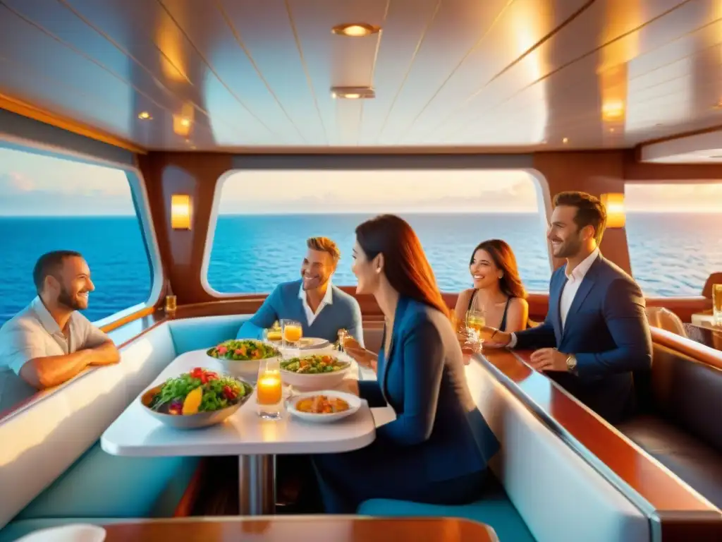 Un elegante banquete sin gluten en crucero al atardecer, creando un ambiente sereno y acogedor para los pasajeros