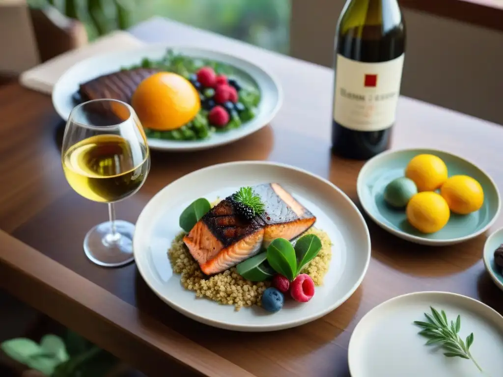 Un elegante banquete con vinos sin gluten para cocinar, salmon, quinoa y pastel de chocolate