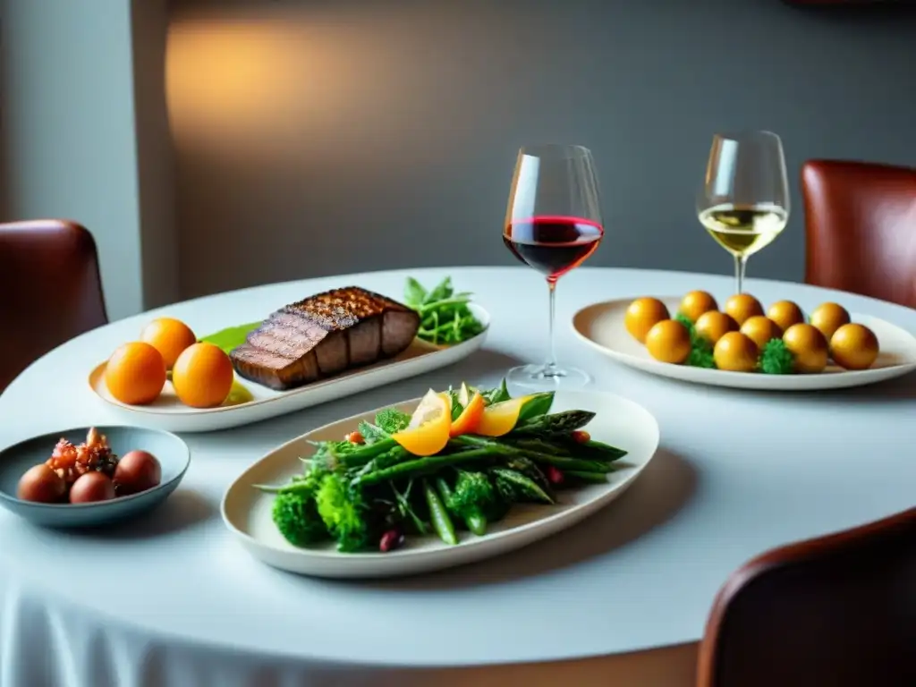 Un elegante banquete con vinos sin gluten para menú, platos variados y exquisitos en una mesa finamente decorada