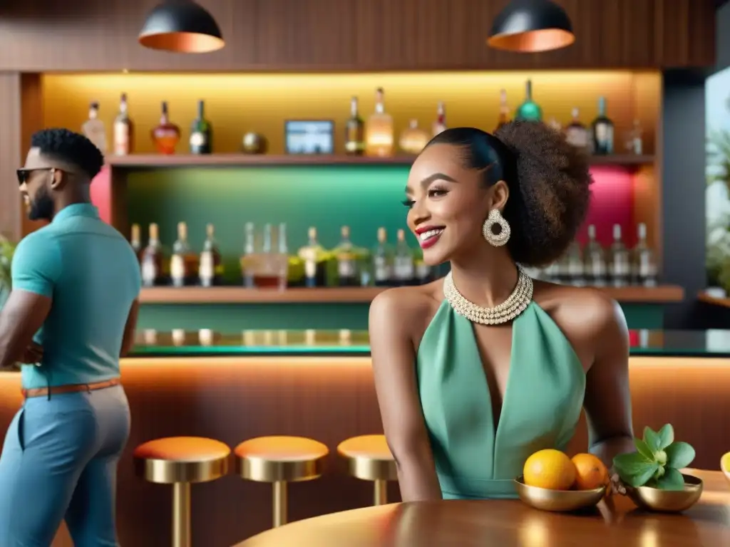 Cocktails de lujo y diversidad en un bar vibrante Un elegante bar de cócteles con ambiente inclusivo y animado, donde se disfrutan cócteles sin gluten innovadores