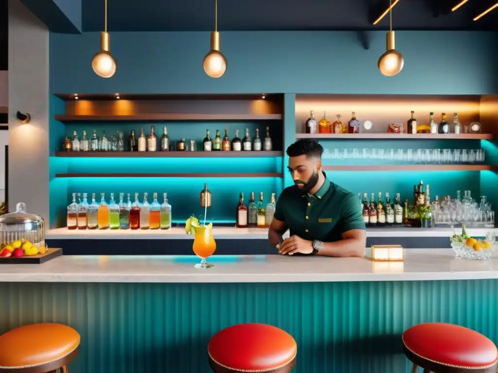 Cocktail bar chic: ambiente vibrante con cócteles glutenfree Un elegante bar de cócteles con una animada multitud disfrutando de innovadores cócteles sin gluten en un ambiente chic y acogedor