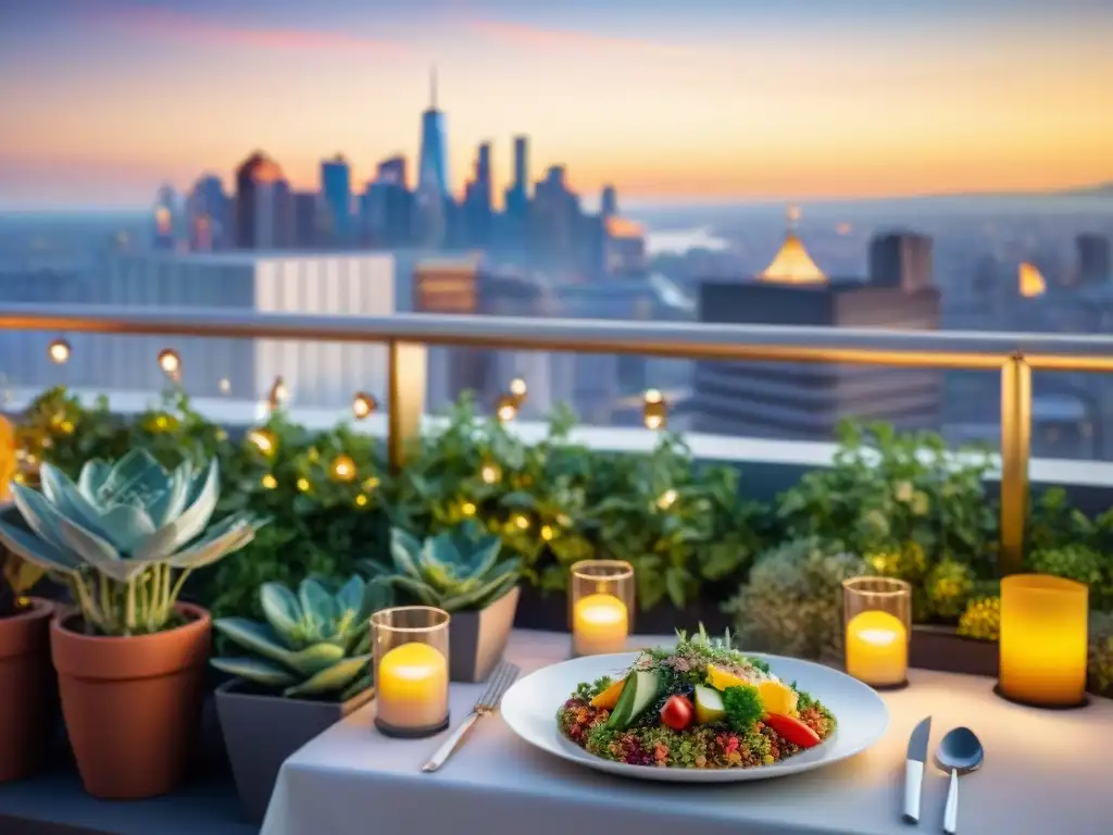 Una elegante cena de empresa sin gluten en una terraza con vistas a la ciudad al atardecer