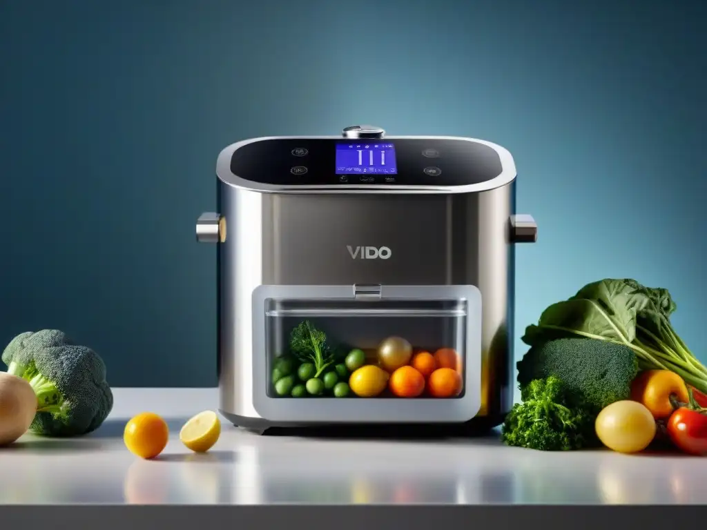 Una elegante cocina sin gluten con Sousvide: máquina sous vide moderna sobre encimera, verduras al vacío en baño de agua