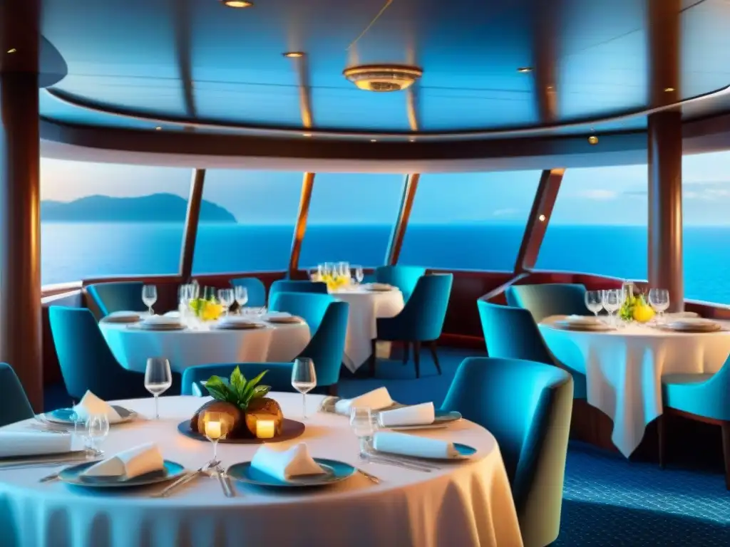 Un elegante comedor de crucero con platos sin gluten y vista al mar