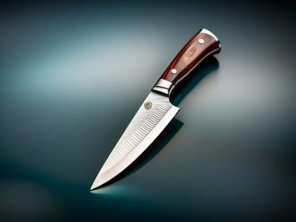 Un elegante cuchillo de chef de acero con patrones de Damasco, reflejando la luz en un fondo oscuro, ideal para cortar sin gluten