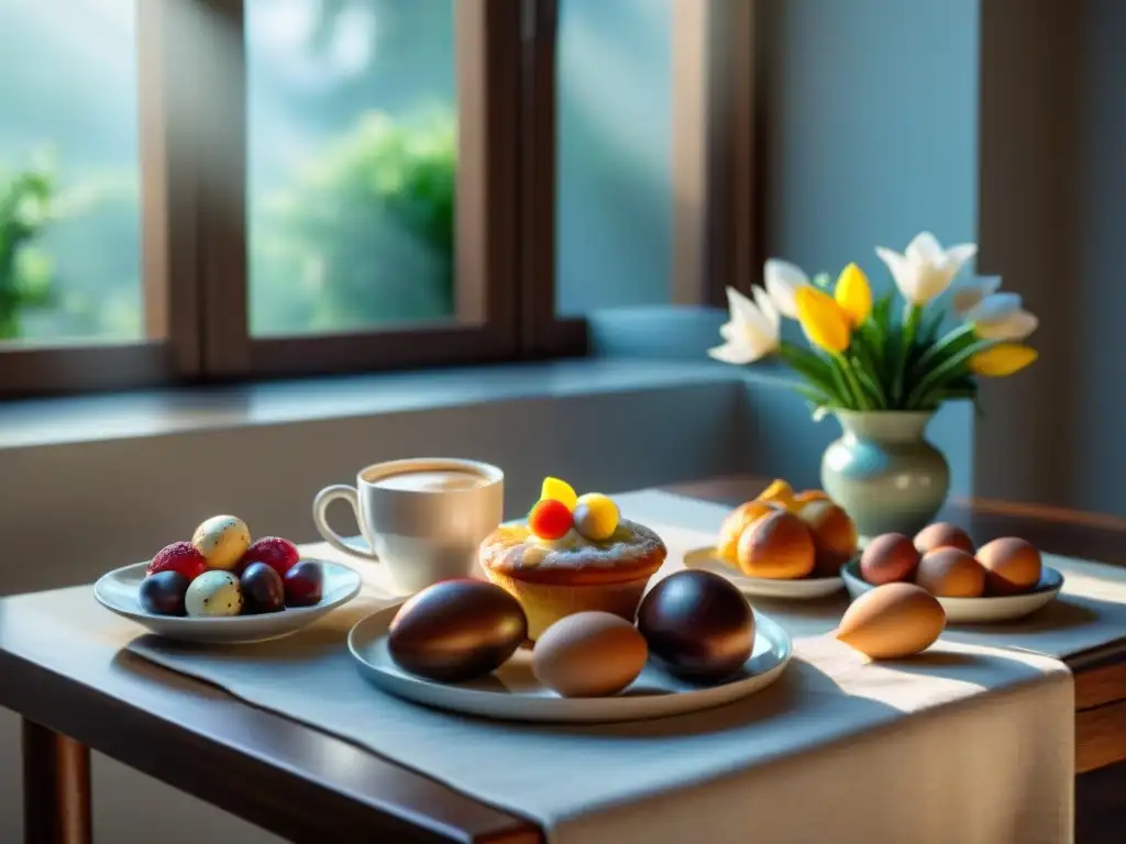 Un elegante desayuno de Pascua sin gluten con delicias culinarias y café caliente en una atmósfera cálida y acogedora