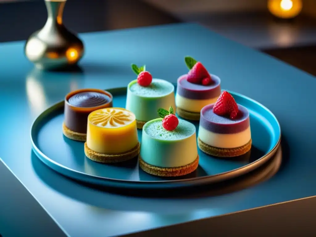 Un elegante display de postres fríos sin gluten innovadores en vibrantes colores y diseños, presentados de forma artística en una bandeja moderna