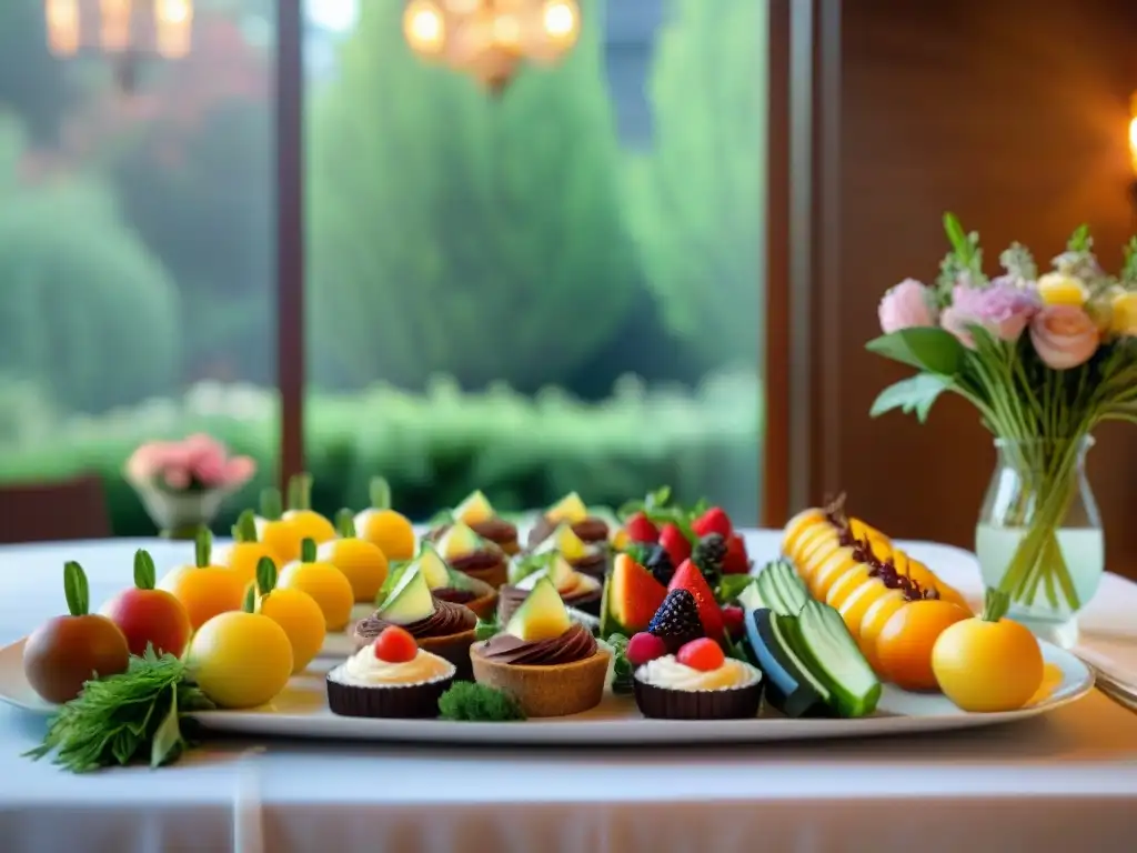 Un elegante menú bautizo sin gluten: mesa decorada con frutas, mini quiches, pastel de chocolate y sándwiches de pepino con queso crema