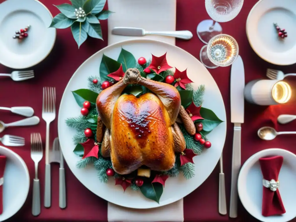 Una elegante mesa de cena navideña sin gluten con exquisitos platillos como pavo, jamón glaseado y ribeye