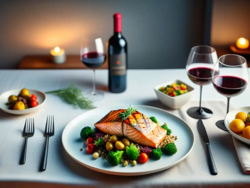 Una elegante mesa de cena con vino sin gluten para cenas, platos deliciosos y ambiente acogedor