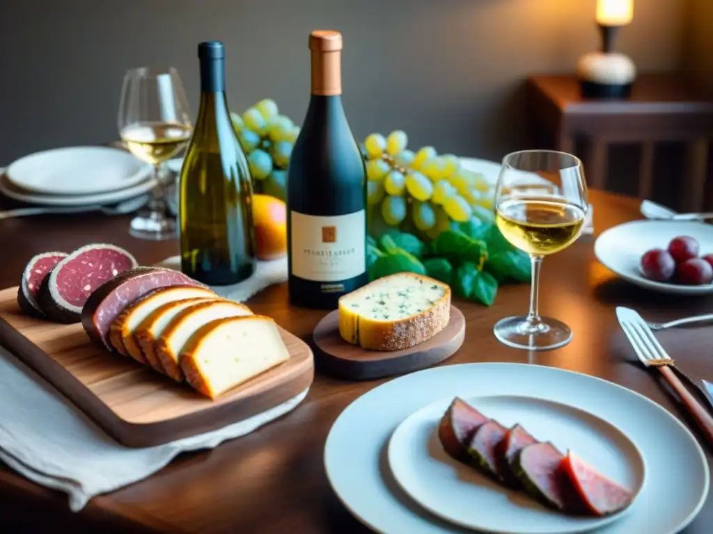 Una elegante mesa de comedor con vajilla fina y vinos sin gluten para cocinar, rodeada de delicias gourmet