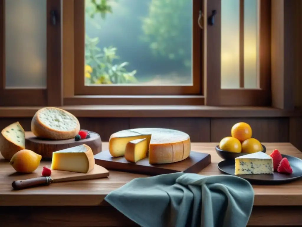 Una elegante mesa de madera rústica con una selección de productos sin gluten de calidad, incluyendo quesos artesanales, pan recién horneado, frutas vibrantes y chocolates decadentes, iluminados por la suave luz del sol