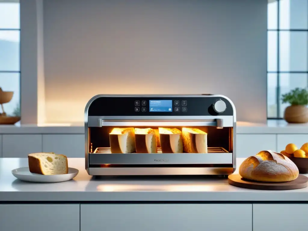 Una elegante panificadora sin gluten en una cocina blanca, iluminada por luz natural