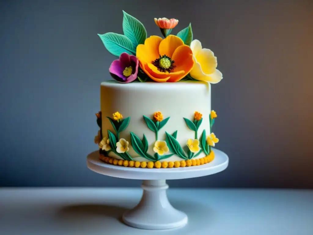 Elegante pastel de bodas sin gluten con decoración detallada y flores comestibles