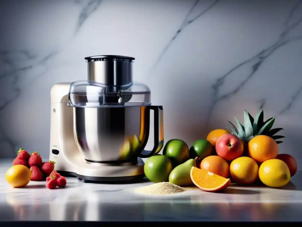 Un elegante procesador y batidora de cocina en un ambiente de precisión, innovación y arte culinario