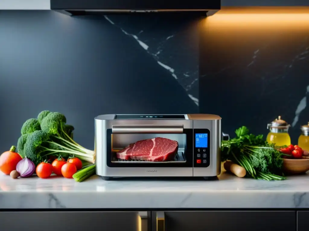 Una elegante selección de herramientas de cocina sous vide sin gluten, sobre mármol blanco iluminado