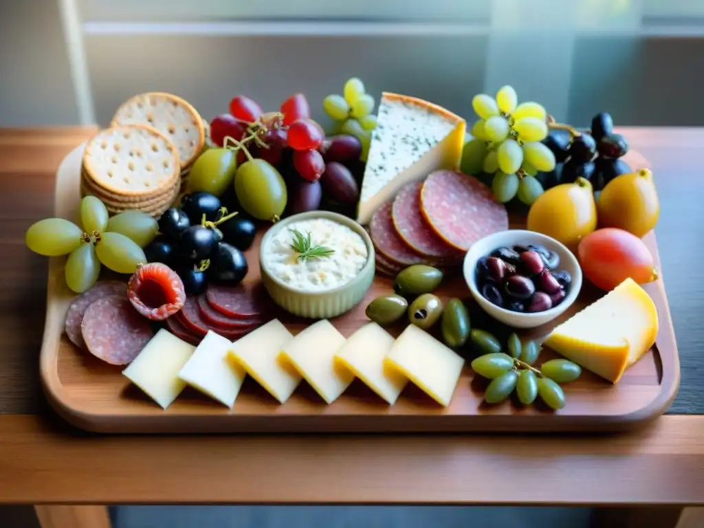 Una elegante tabla de embutidos con productos sin gluten importados innovadores, en una mesa rústica con luz natural