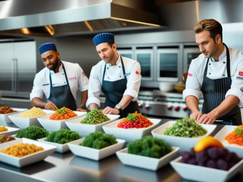 Un emocionante maratón de cocina sin gluten con chefs aficionados presentando sus platos con pasión en una moderna cocina