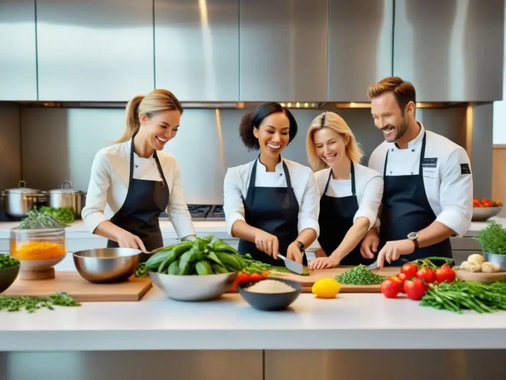 Emocionante maratón de cocina sin gluten con chefs entusiastas en un estudio moderno y luminoso