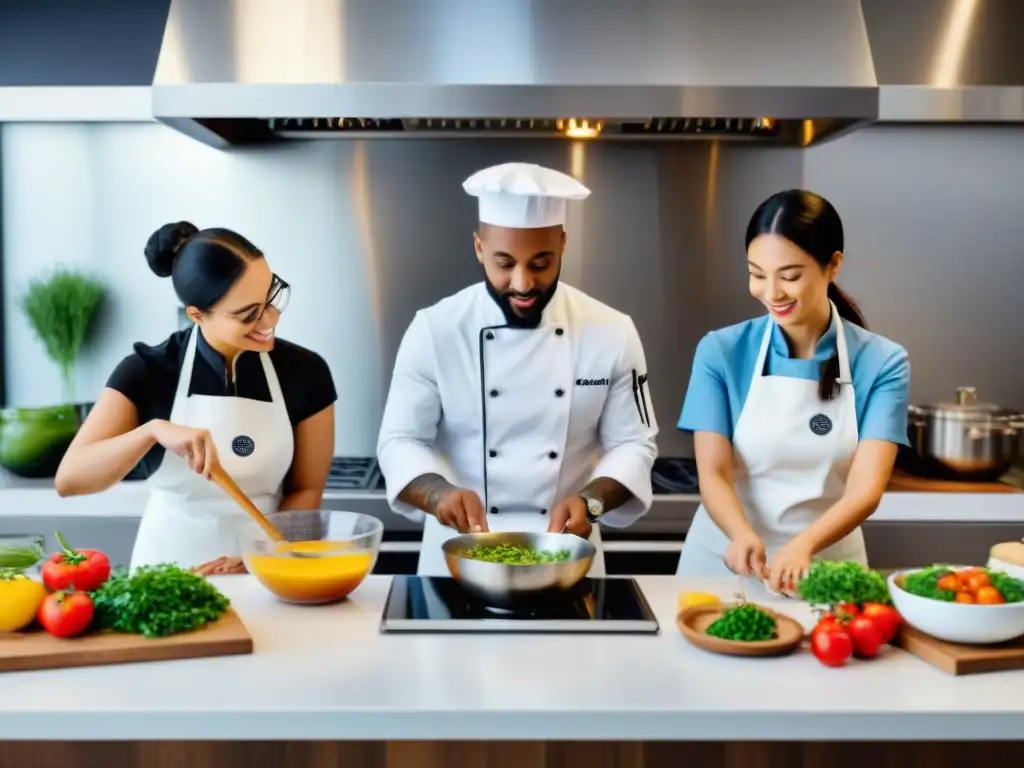 Un emocionante curso online de cocina sin gluten con estudiantes entusiastas y expertos en una cocina moderna