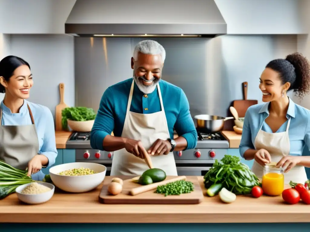 Un emocionante curso online de cocina sin gluten con personas de todas las edades y orígenes cocinando juntas con entusiasmo y alegría