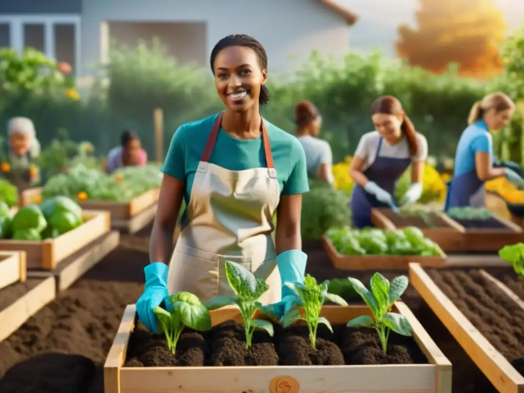 Un emocionante proyecto comunitario sin gluten: voluntarios diversos trabajan juntos en un huerto, bajo el sol brillante