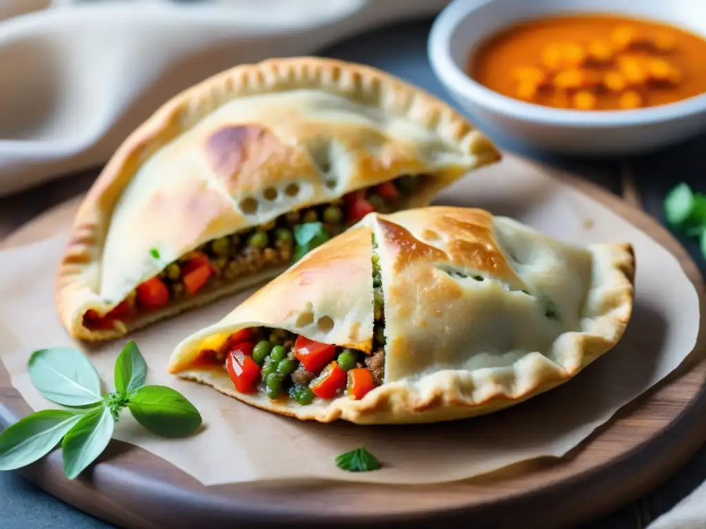 Una empanada sin gluten crujiente y dorada recién salida del horno, con un relleno delicioso y colorido