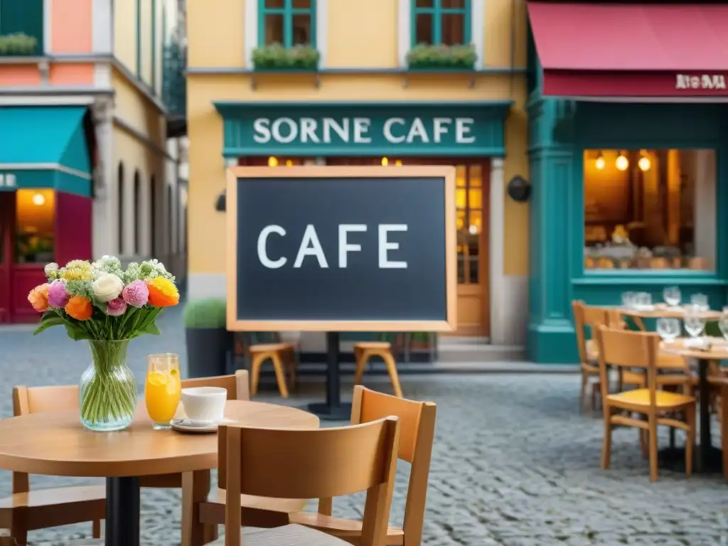 Un encantador café al aire libre en una bulliciosa ciudad europea con deliciosos pasteles sin gluten