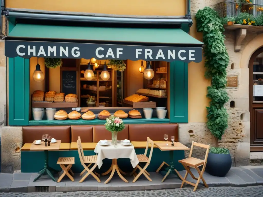 Un encantador café al aire libre en Francia con delicias sin gluten, rodeado de elegancia y flores en flor