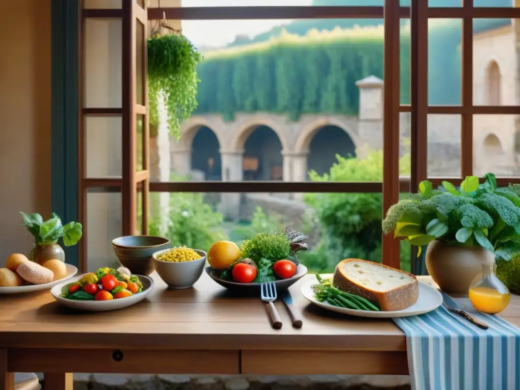 Un encantador rincón al aire libre en Lugo, España, con deliciosos platos sin gluten en una mesa de madera rústica