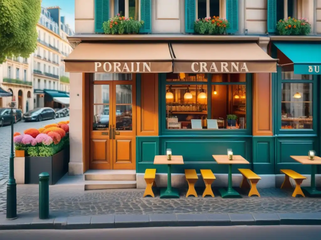 Un encantador café parisino en una calle empedrada, con mesas de hierro y flores coloridas