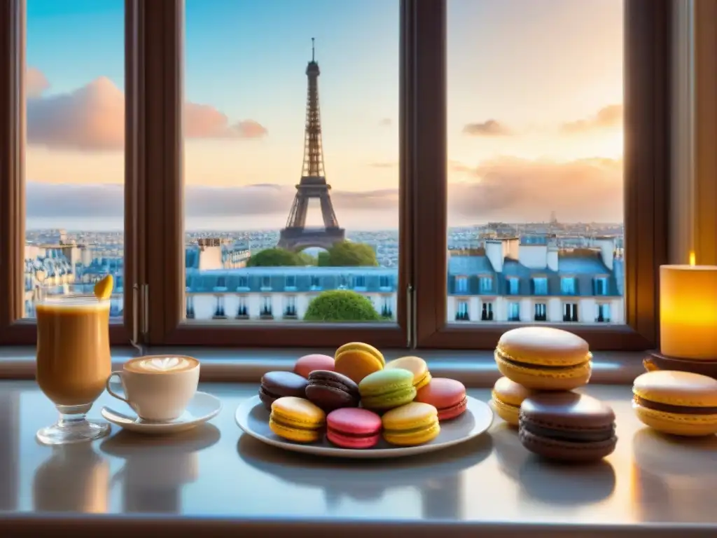 Explora París sin gluten en un encantador café parisino con pastelería fresca y café recién hecho al atardecer con la Torre Eiffel de fondo