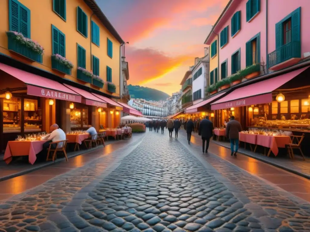 Un encantador rincón sin gluten en San Sebastián: calle adoquinada con cafés y restaurantes coloridos y La Concha al fondo al atardecer