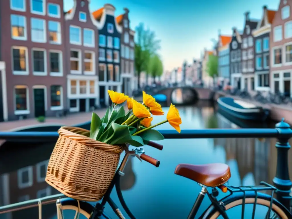 Un encantador canal de Ámsterdam con edificios coloridos reflejados en el agua y una bicicleta holandesa con recetas sin gluten innovadoras