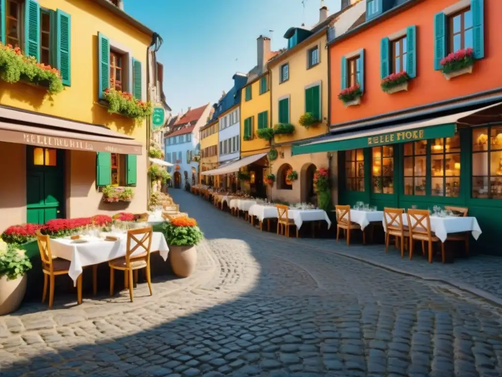 Un encantador destino sin gluten en Europa: una calle empedrada con coloridos edificios y cafeterías al aire libre