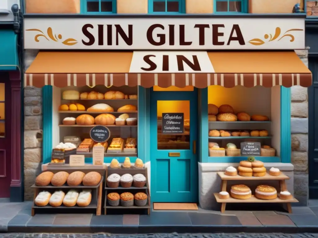 El encantador escaparate de una panadería sin gluten con una variedad de productos frescos y coloridos en una calle adoquinada