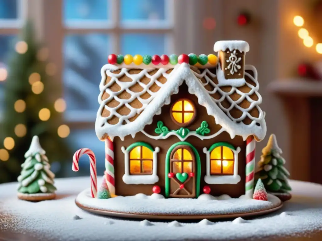 Un encantador hogar de jengibre sin gluten decorado con dulces y rodeado de nieve, para recetas navideñas sin gluten deliciosas