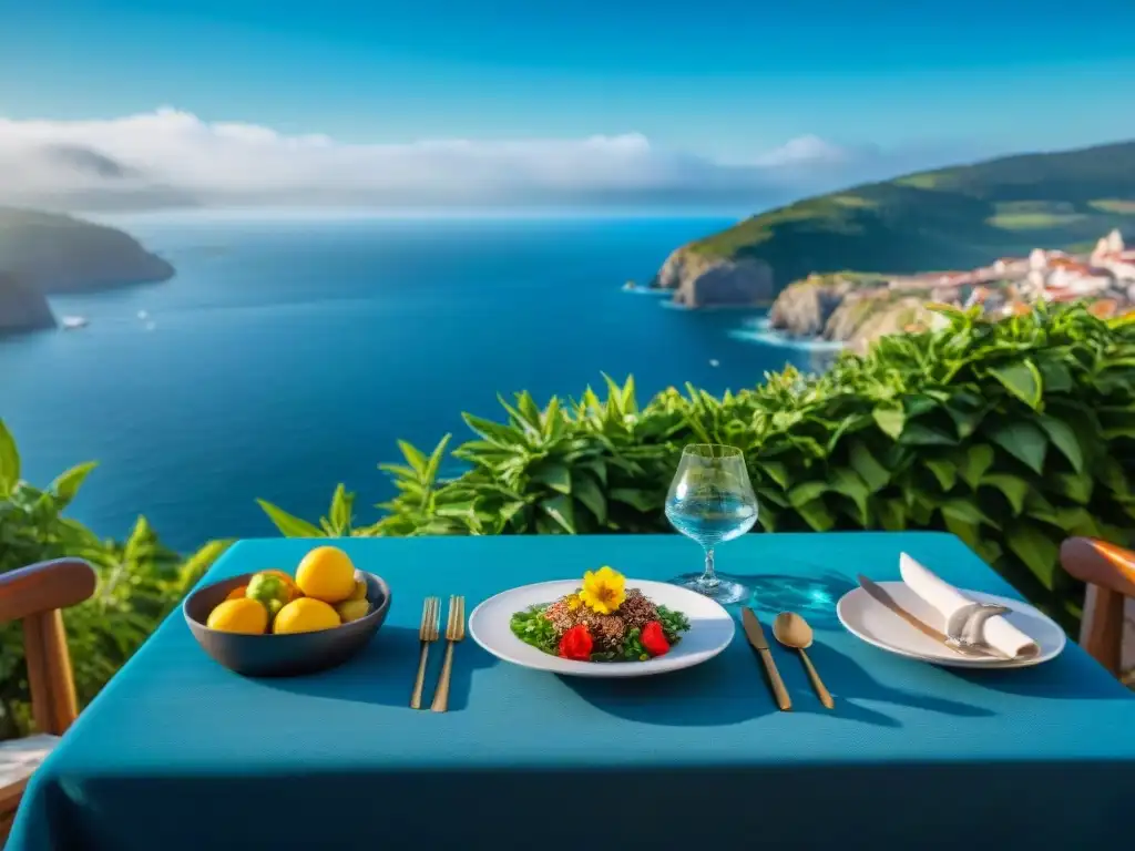 Un encantador lugar para comer sin gluten en una terraza con vista a la costa en Galicia, rodeado de naturaleza y flores coloridas, bajo un cielo azul