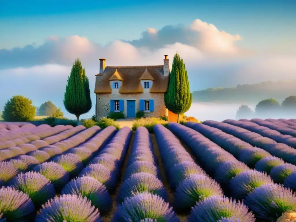 Un encantador paisaje francés con una casa de piedra entre campos de lavanda, ideal para recetas de cocina francesa sin gluten