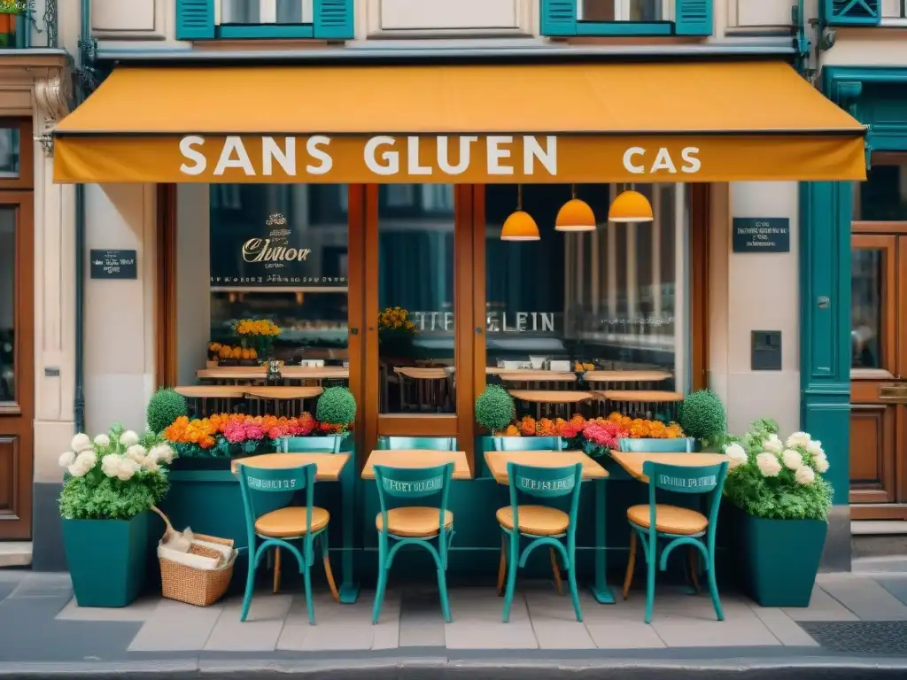 Encantador café parisino sin gluten con terraza al aire libre y coloridas flores