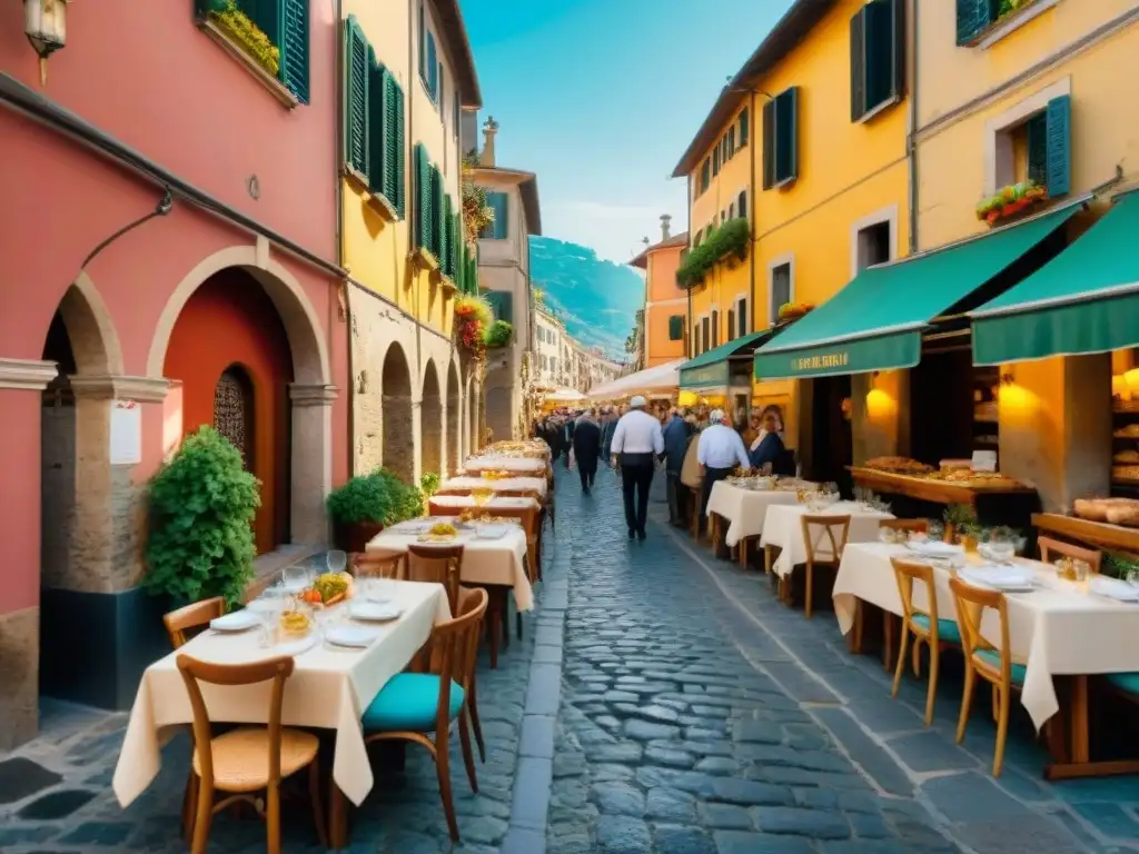 Encantadora calle de adoquines en Italia con trattorias y gelaterias coloridas, una escena vibrante para destinos sin gluten en Europa