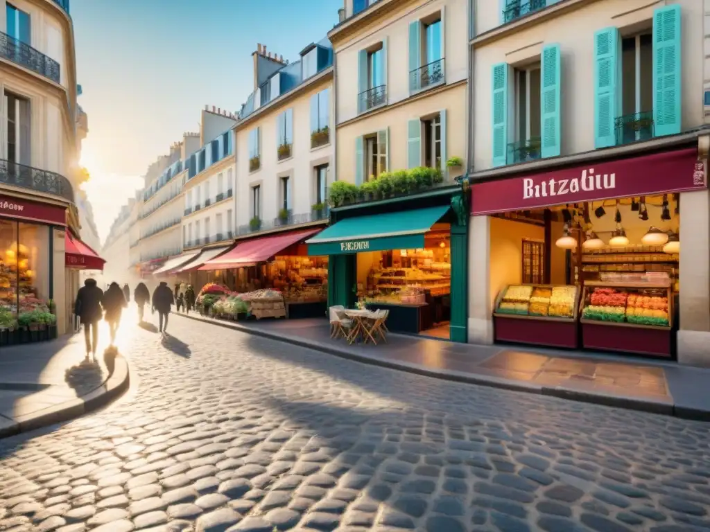 Explora París sin gluten en encantadora calle parisina con coloridas tiendas y supermercados