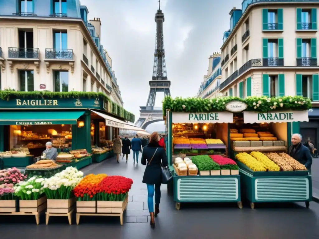 Explora París sin gluten: Una encantadora calle parisina llena de coloridas jardineras, cafés y la icónica Torre Eiffel de fondo