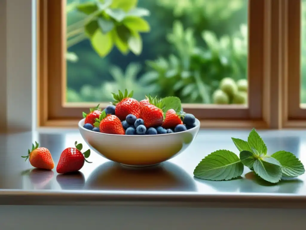 Una encantadora cocina con edulcorantes naturales sin gluten y frutas vibrantes bajo la luz natural