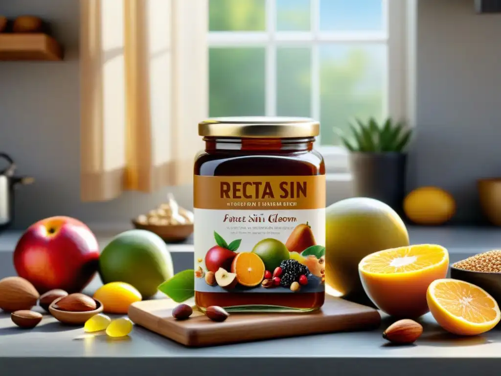 Una encantadora cocina con frutas coloridas y libro de 'Recetas sin gluten con edulcorantes naturales'