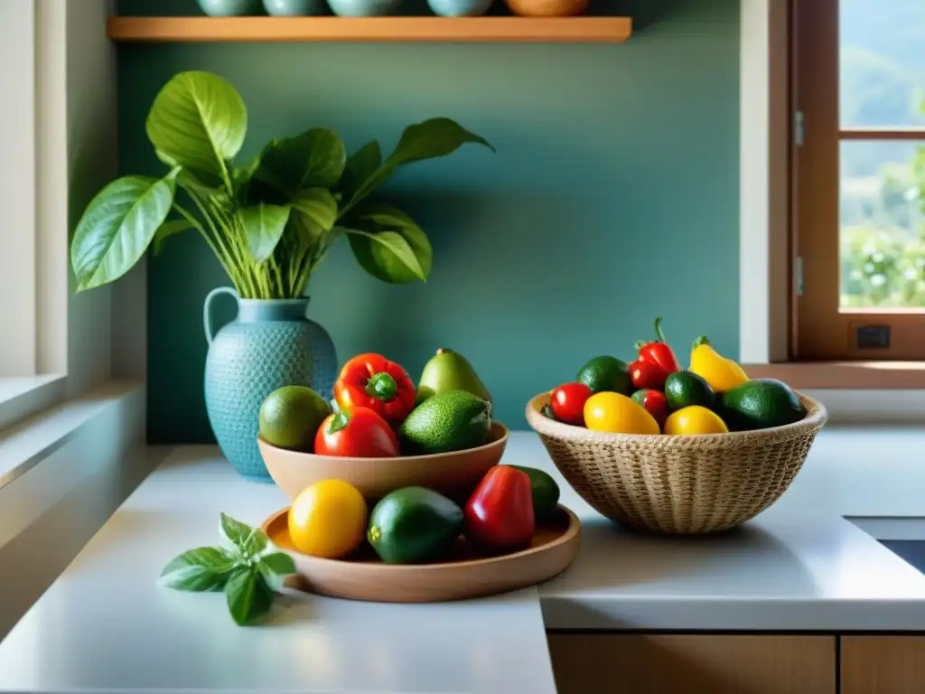 Encantadora cocina con frutas y verduras frescas, transmitiendo frescura y tranquilidad