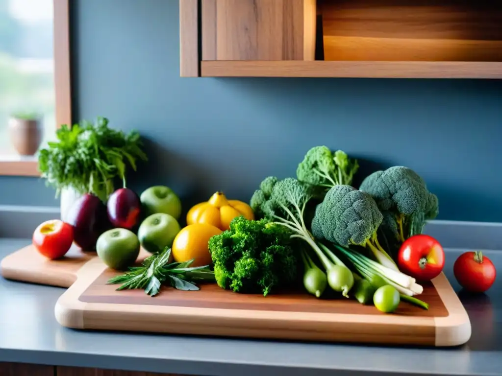 Una encantadora cocina sin gluten para familias: encimera repleta de frutas y verduras, hierbas frescas y libro de recetas rústico