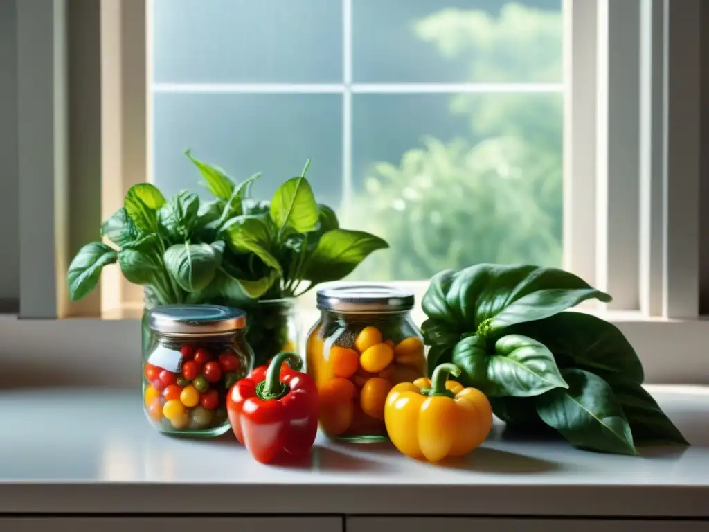 Una encantadora cocina llena de ingredientes frescos y vibrantes como pimientos, tomates, hierbas y especias en frascos de vidrio