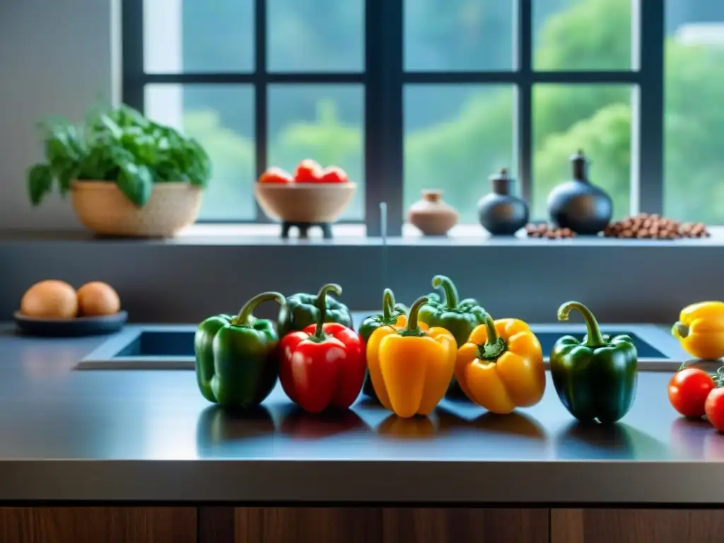 Una encantadora cocina llena de ingredientes sin gluten para cocina, como pimientos, tomates, hierbas, granos, nueces y semillas